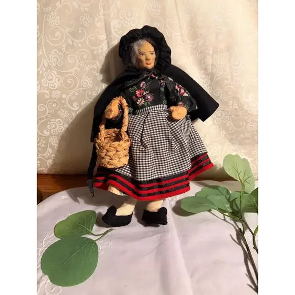 Vintage Handmade Folk Art Doll with Woven Basket - Picture 3 of 8